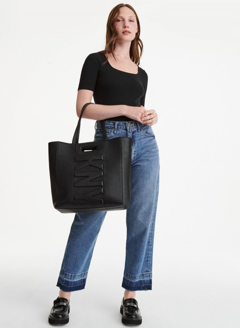 Women's Dkny Metro Leather Editorial Tote Bags Black | Z1516090