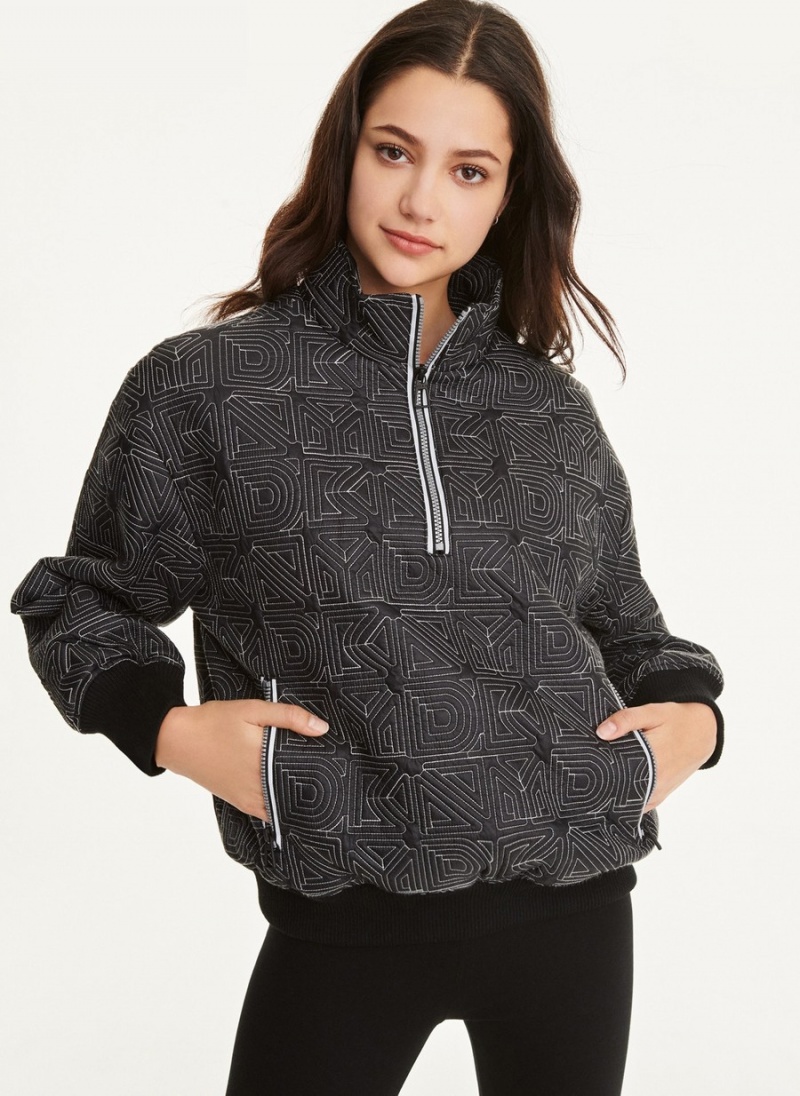 Women\'s Dkny Mini Rip-Stop Half Zip W Logo Quilting And Reflective Zip Sweatshirts Black | X7211121
