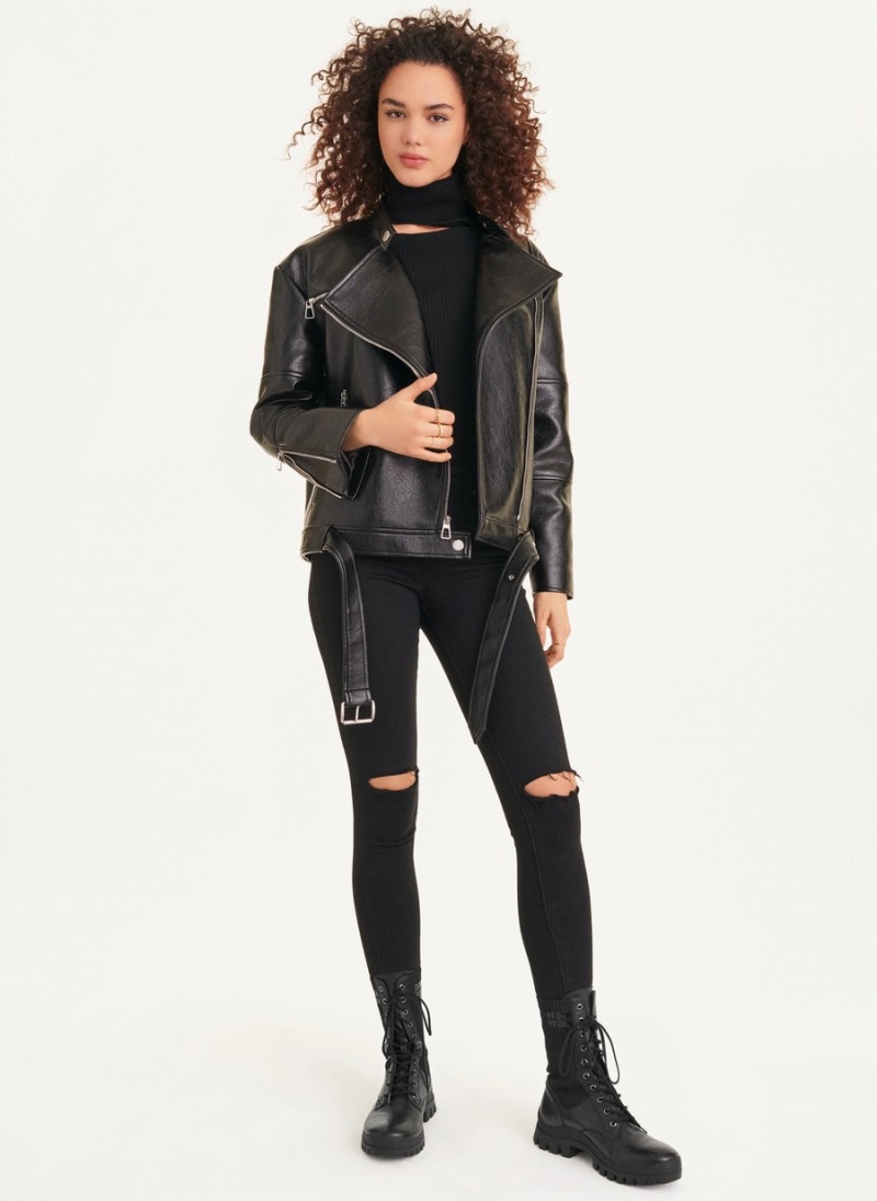 Women's Dkny Oversized Faux Textured Leather Moto Leather Jackets Black | T6800033