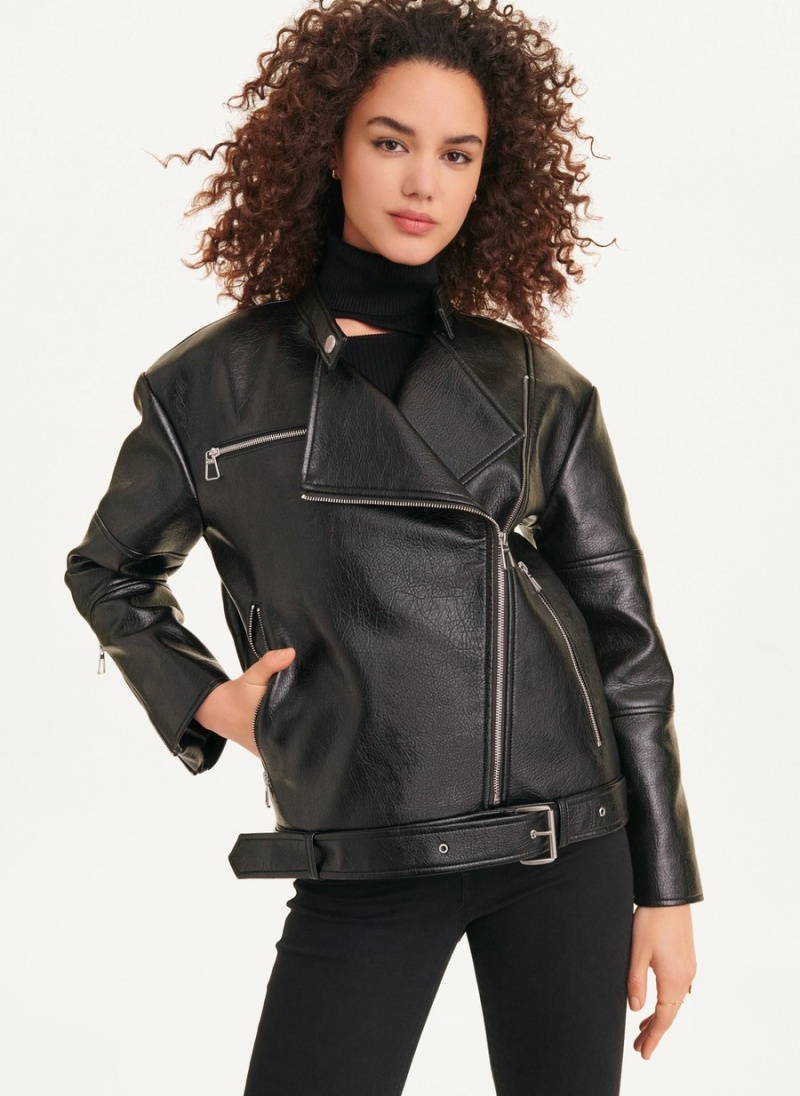 Women\'s Dkny Oversized Faux Textured Leather Moto Leather Jackets Black | T6800033