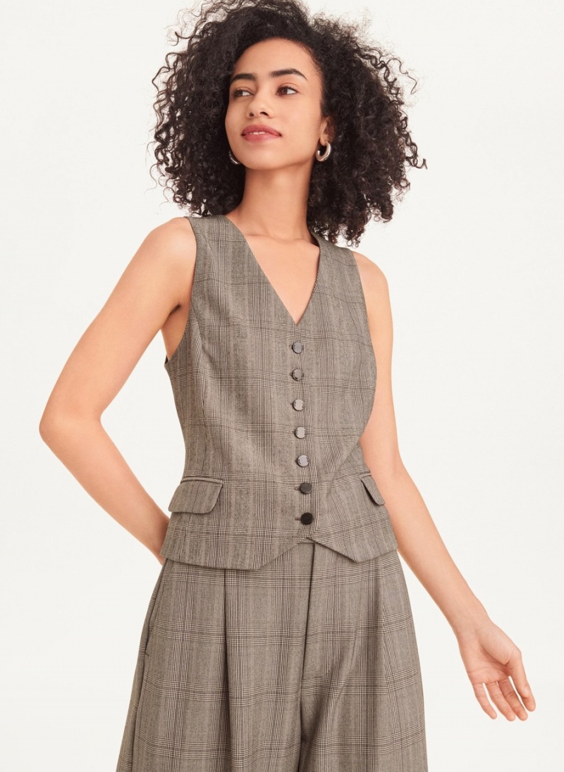 Women's Dkny Plaid 7 Button Vest Grey | S4578801