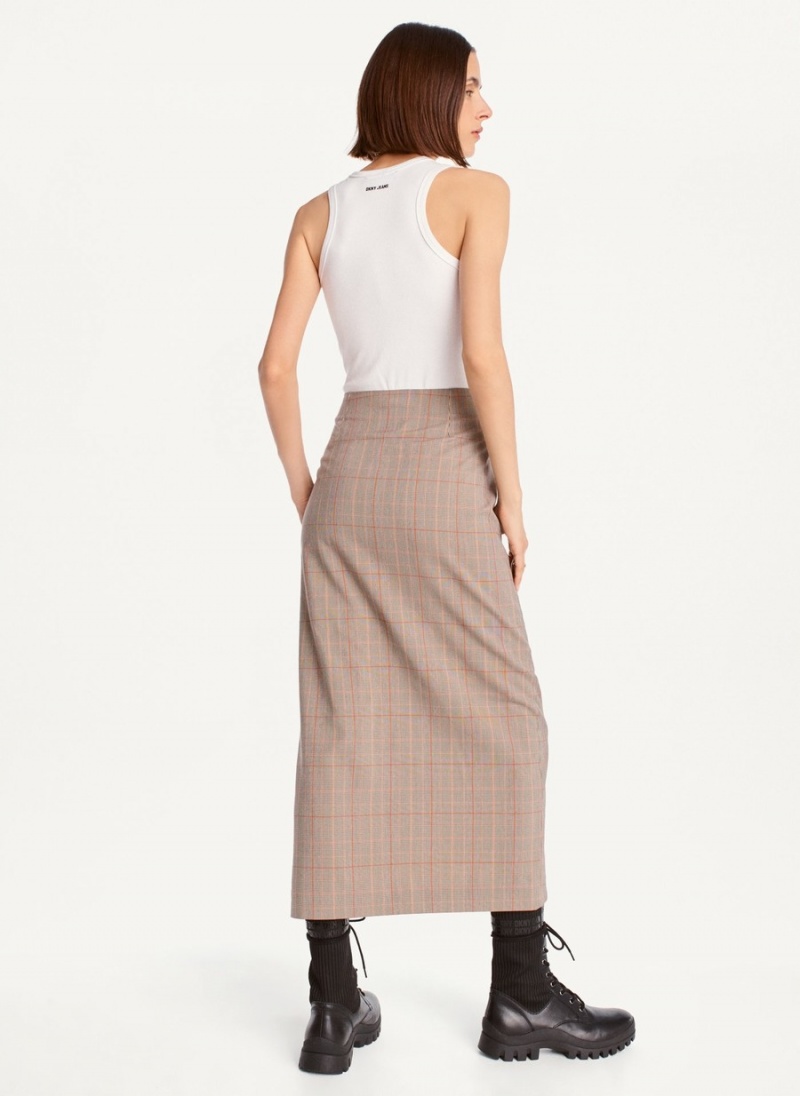 Women's Dkny Plaid Midi Skirts Beige | J4888567