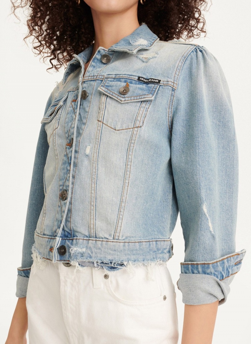 Women's Dkny Puff Sleeve Destruction Trucker Jackets Black | M0810459
