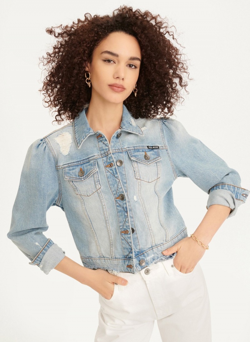 Women's Dkny Puff Sleeve Destruction Trucker Jackets Black | M0810459