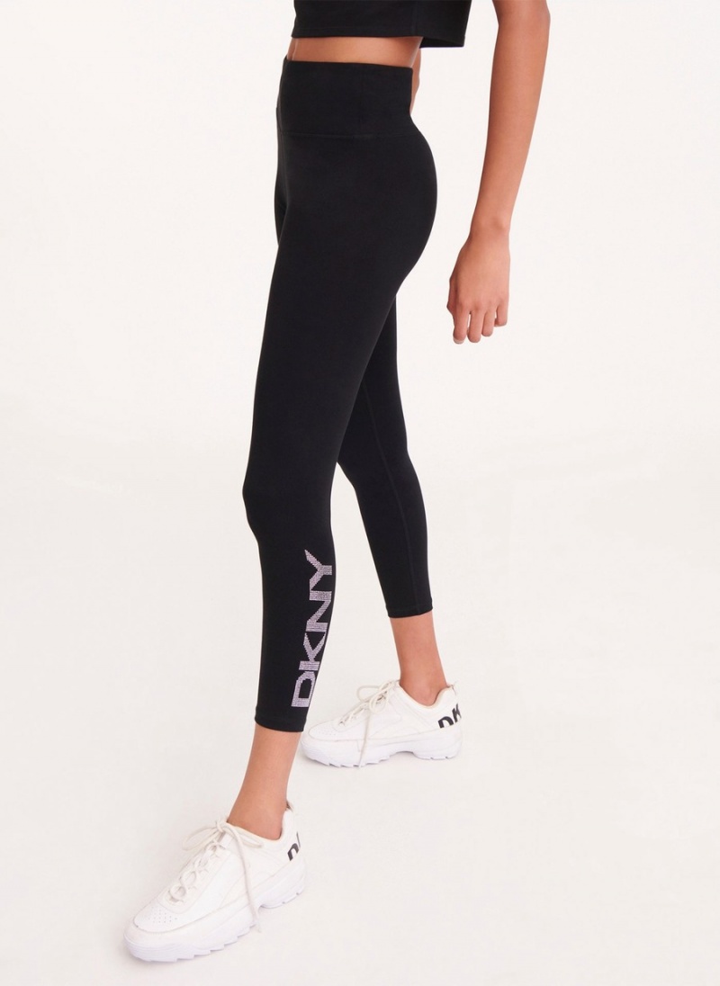 Women's Dkny Rhinestone Logo High Waist Leggings Black | E6011115
