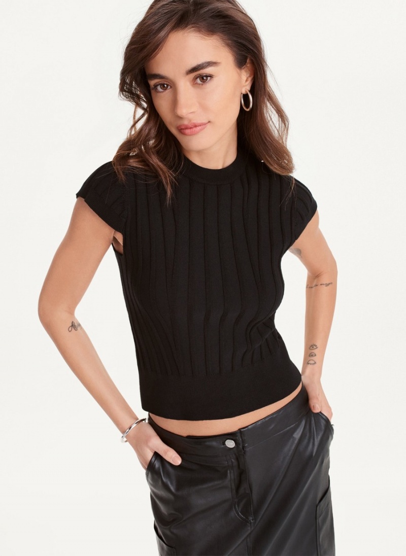 Women's Dkny Rib Knit Top T Shirts Black | H4610318