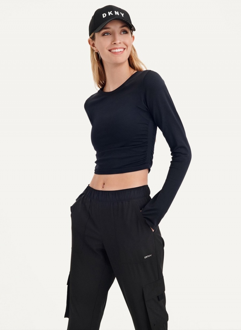 Women's Dkny Seamless Pullover With Ruched Side Seams Long Sleeve Black | W8491631