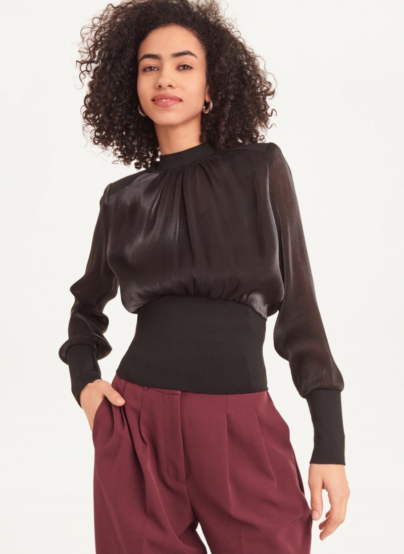 Women\'s Dkny Shiny Chiffon Top Blouse Black | R8920883