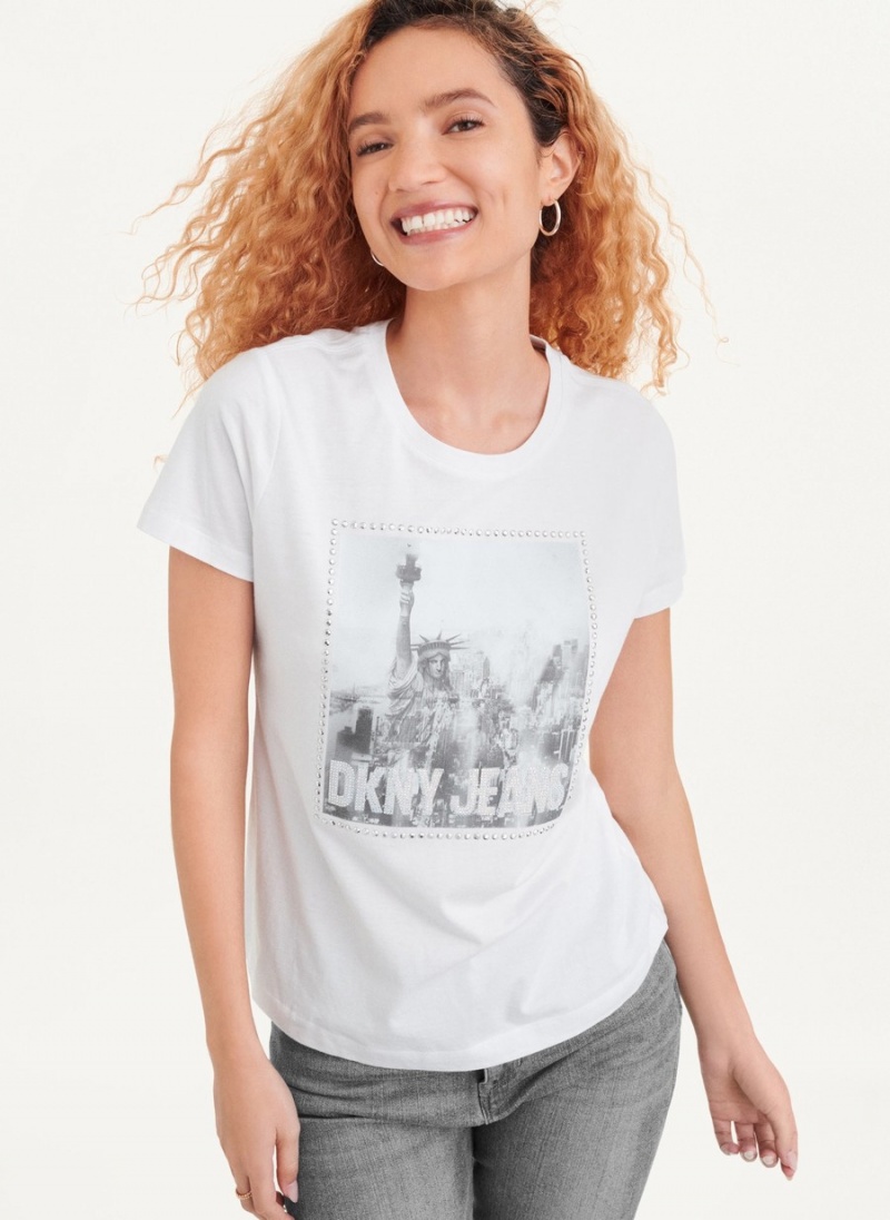 Women\'s Dkny Short Sleeve City Logo T Shirts White | H6170833