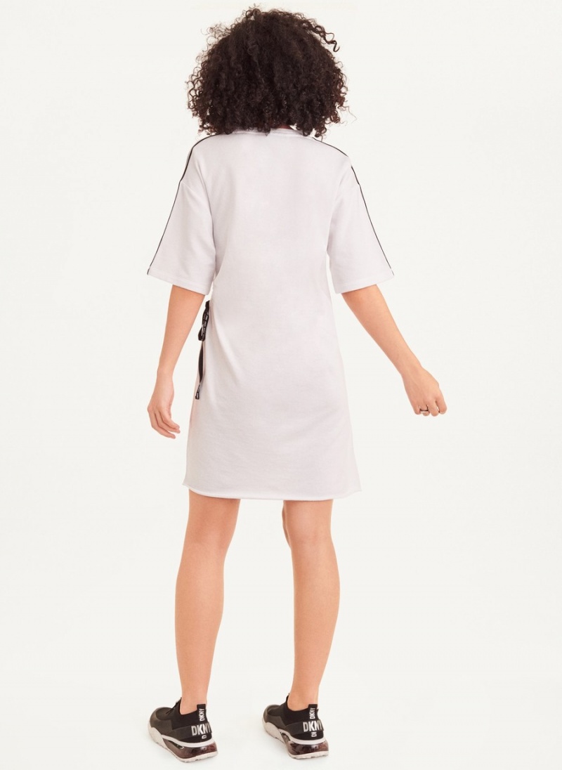 Women's Dkny Short Sleeve Cotton French Terry with Logo Tape Dress White | X7352960