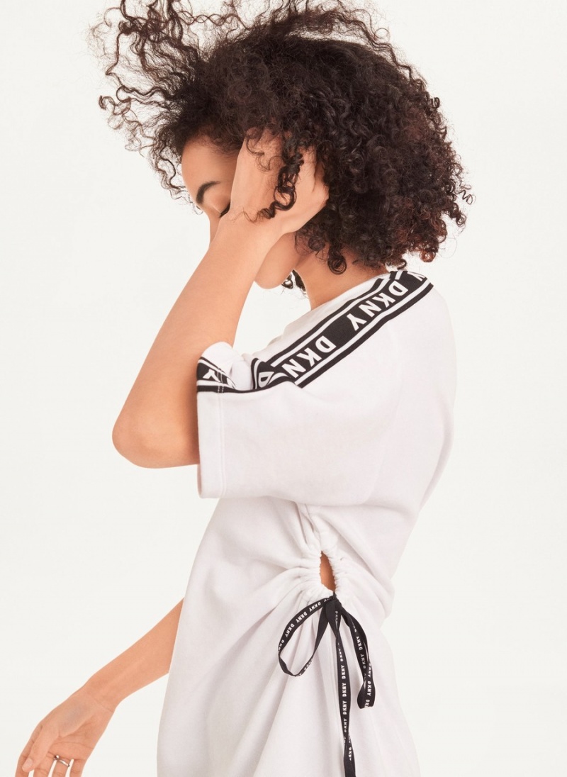 Women's Dkny Short Sleeve Cotton French Terry with Logo Tape Dress White | X7352960
