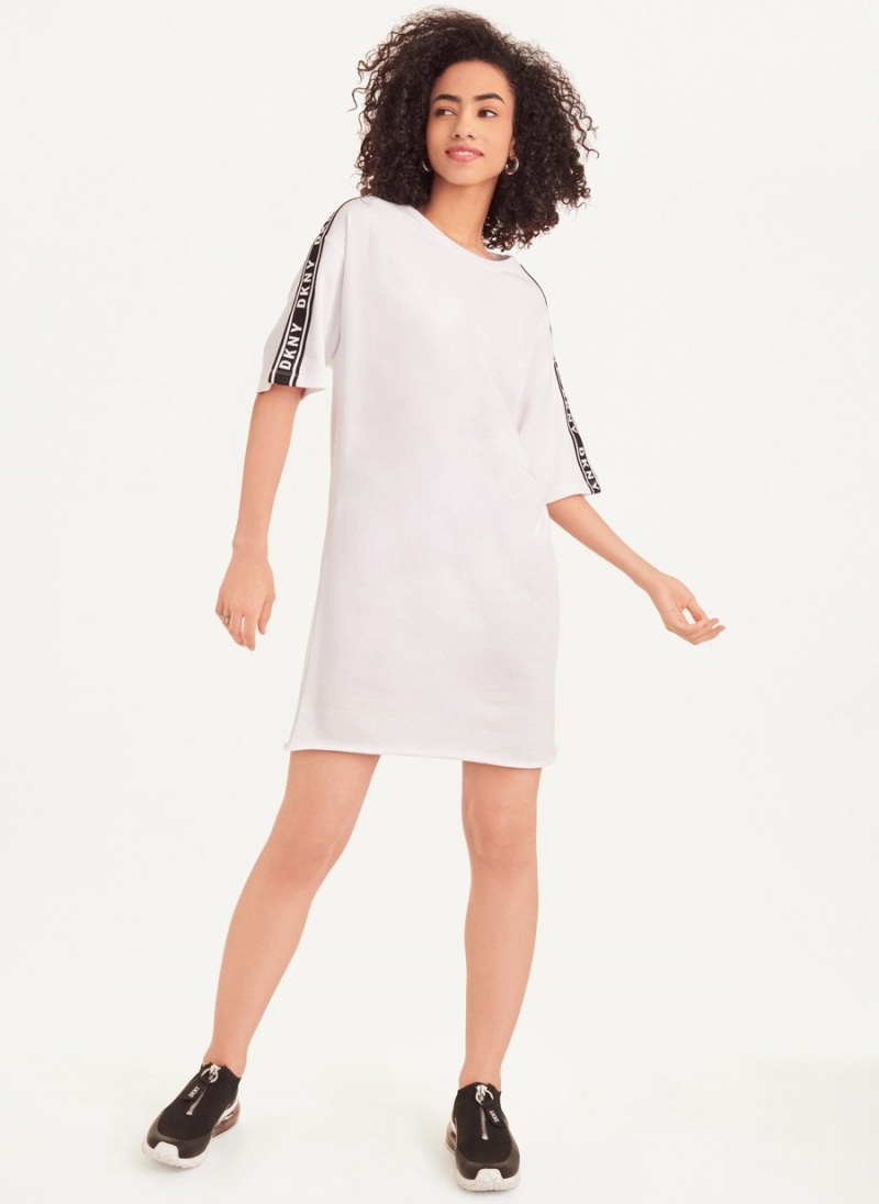 Women's Dkny Short Sleeve Cotton French Terry with Logo Tape Dress White | X7352960