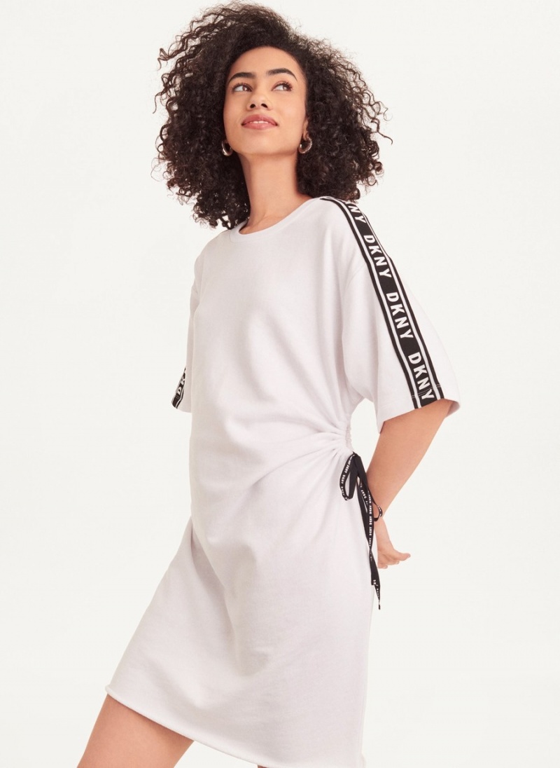 Women\'s Dkny Short Sleeve Cotton French Terry with Logo Tape Dress White | X7352960