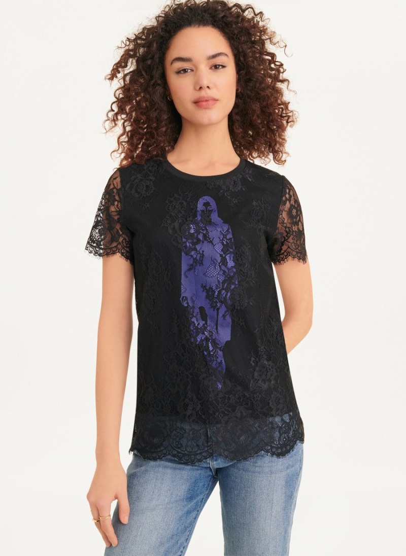 Women's Dkny Short Sleeve Lace Overlay With Fashion Girl Graphic T Shirts Black | M0739378