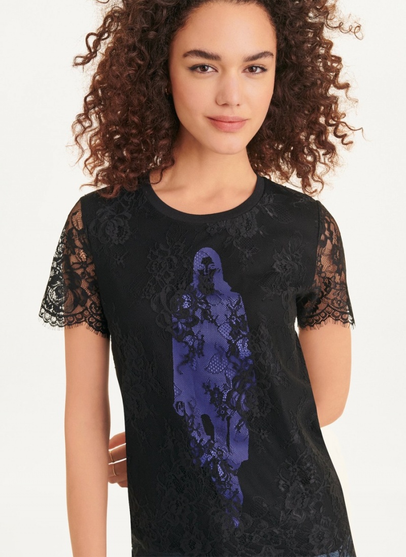 Women's Dkny Short Sleeve Lace Overlay With Fashion Girl Graphic T Shirts Black | M0739378