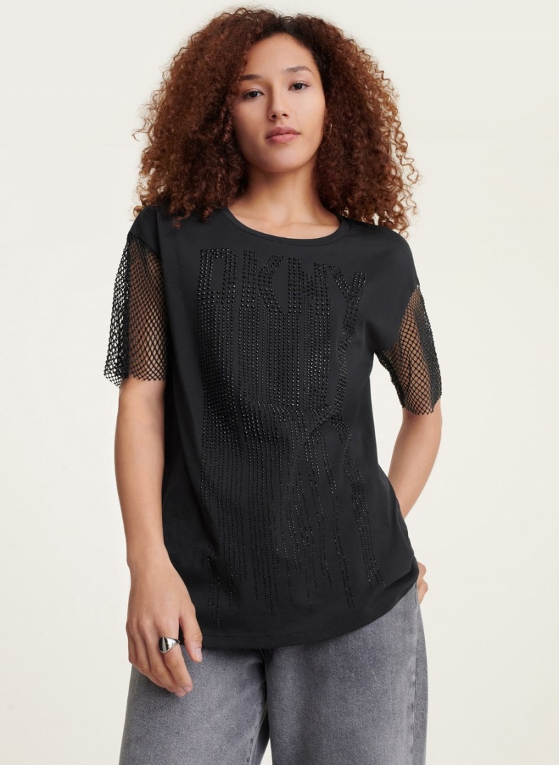 Women's Dkny Short Sleeve Logo Drip With Crystal Mesh Sleeves T Shirts Black | C2860030