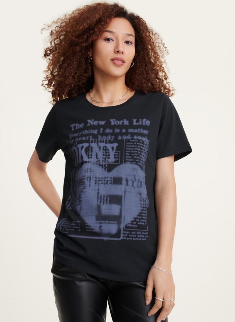 Women's Dkny Short Sleeve Newspaper T Shirts Black | U3598976