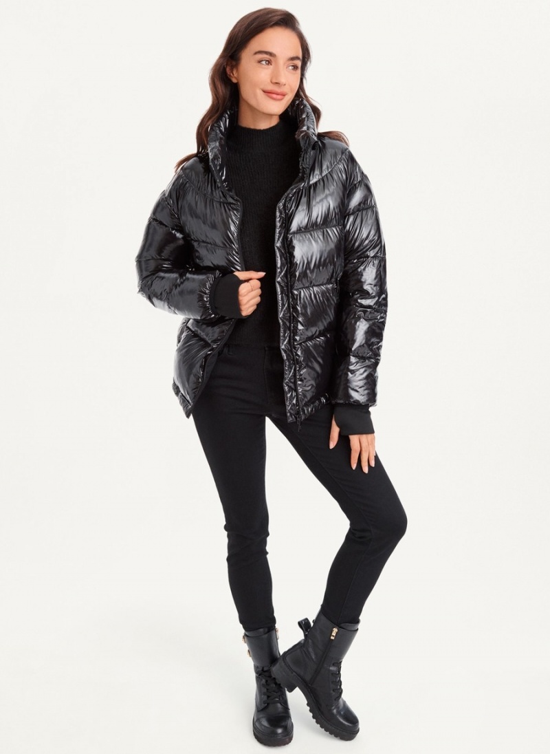 Women's Dkny Short Wet Puffer Jacket Black | E5423775