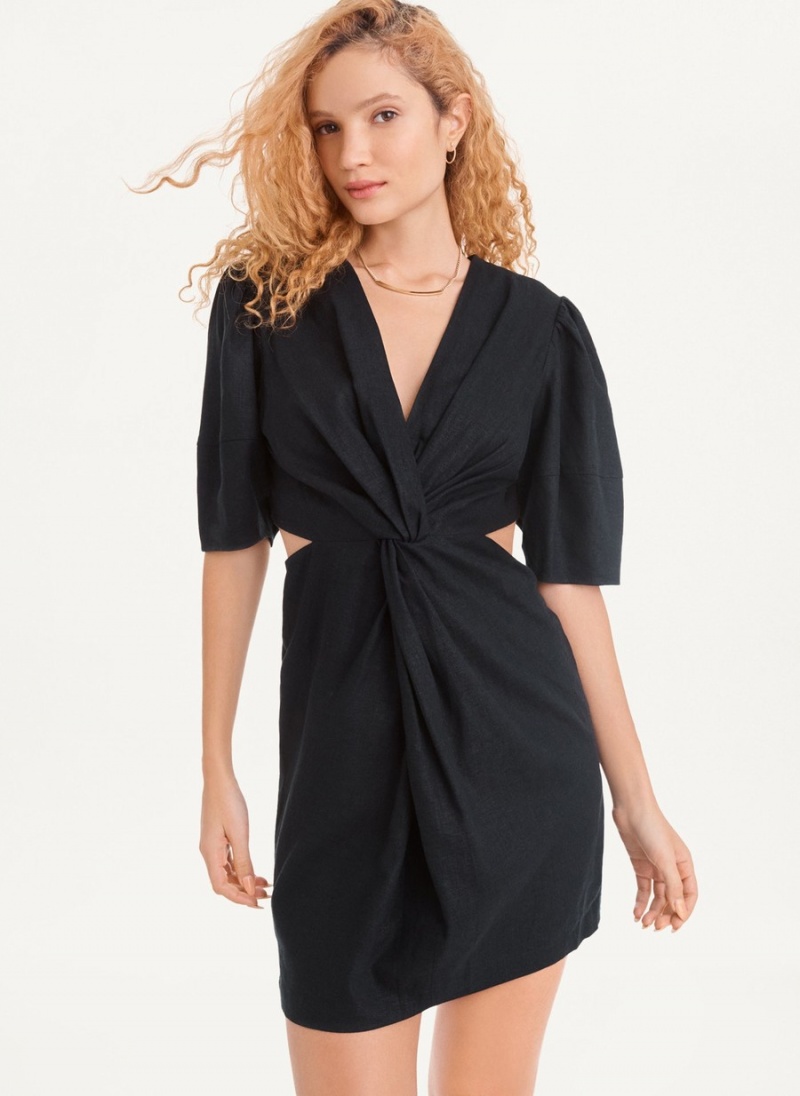 Women's Dkny Side Cut Linen Mini Dress Black | W7668312