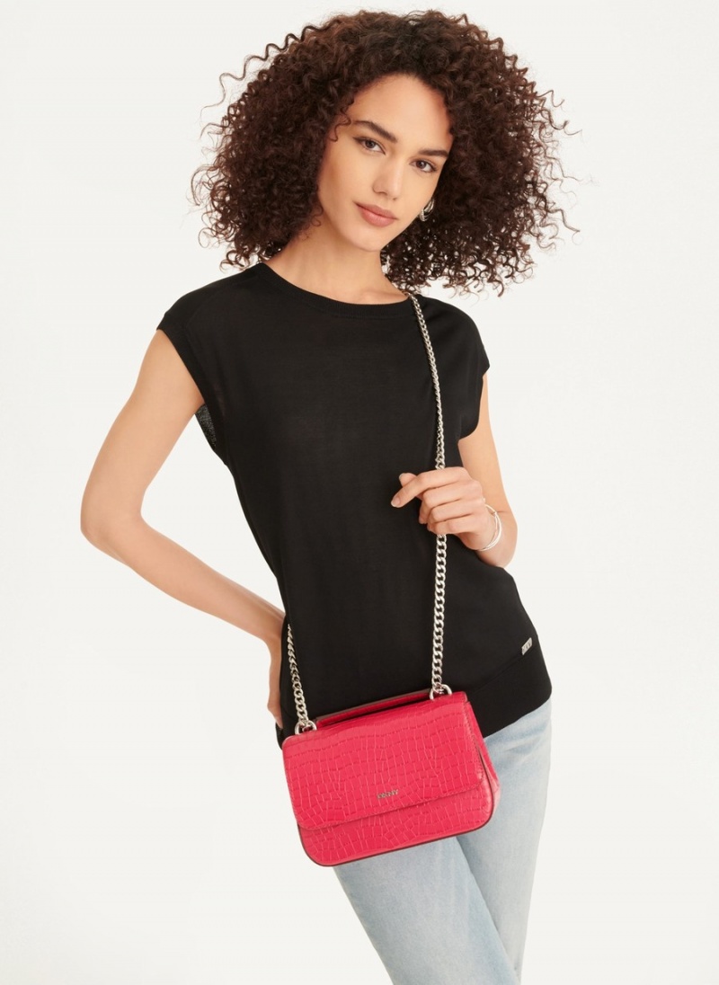 Women's Dkny Sina Croco Flap Shoulder Bags Pink | N5543266