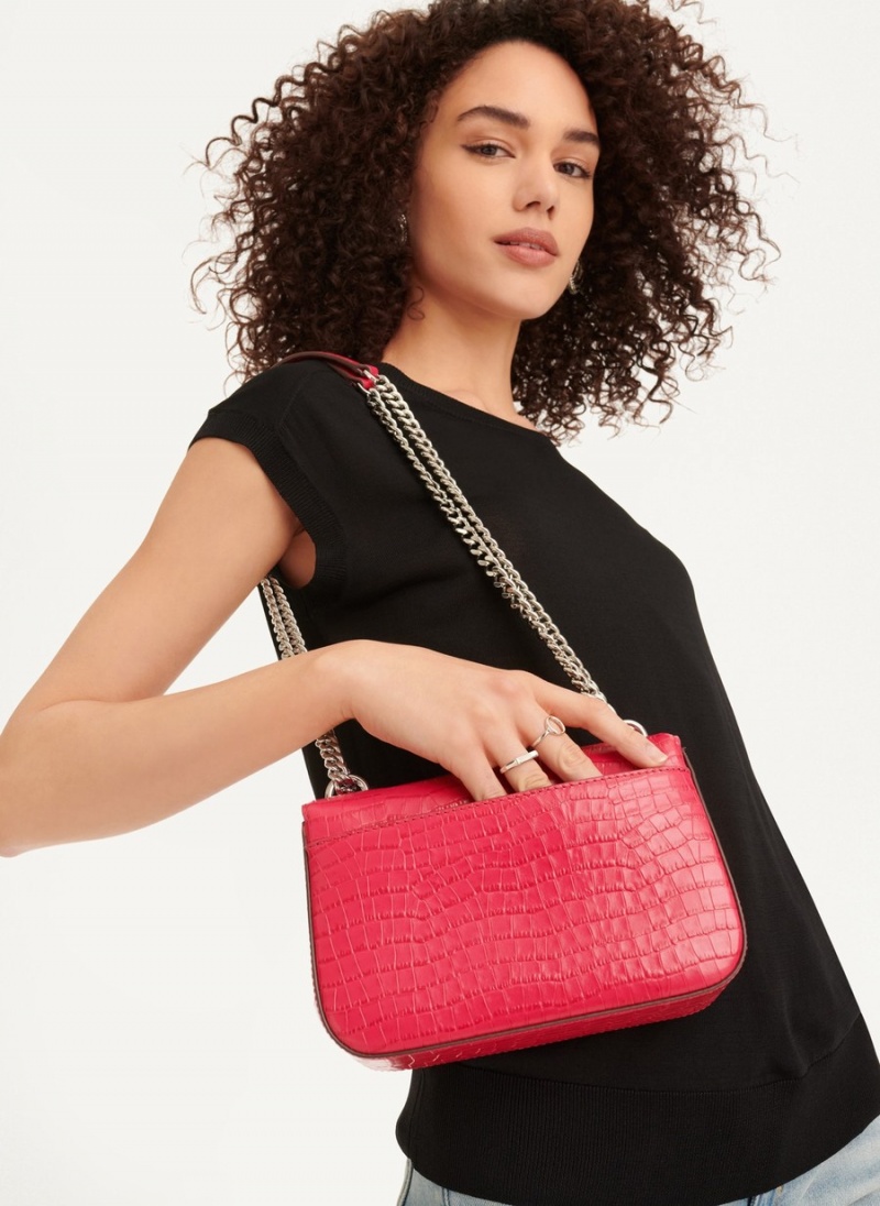 Women's Dkny Sina Croco Flap Shoulder Bags Pink | N5543266