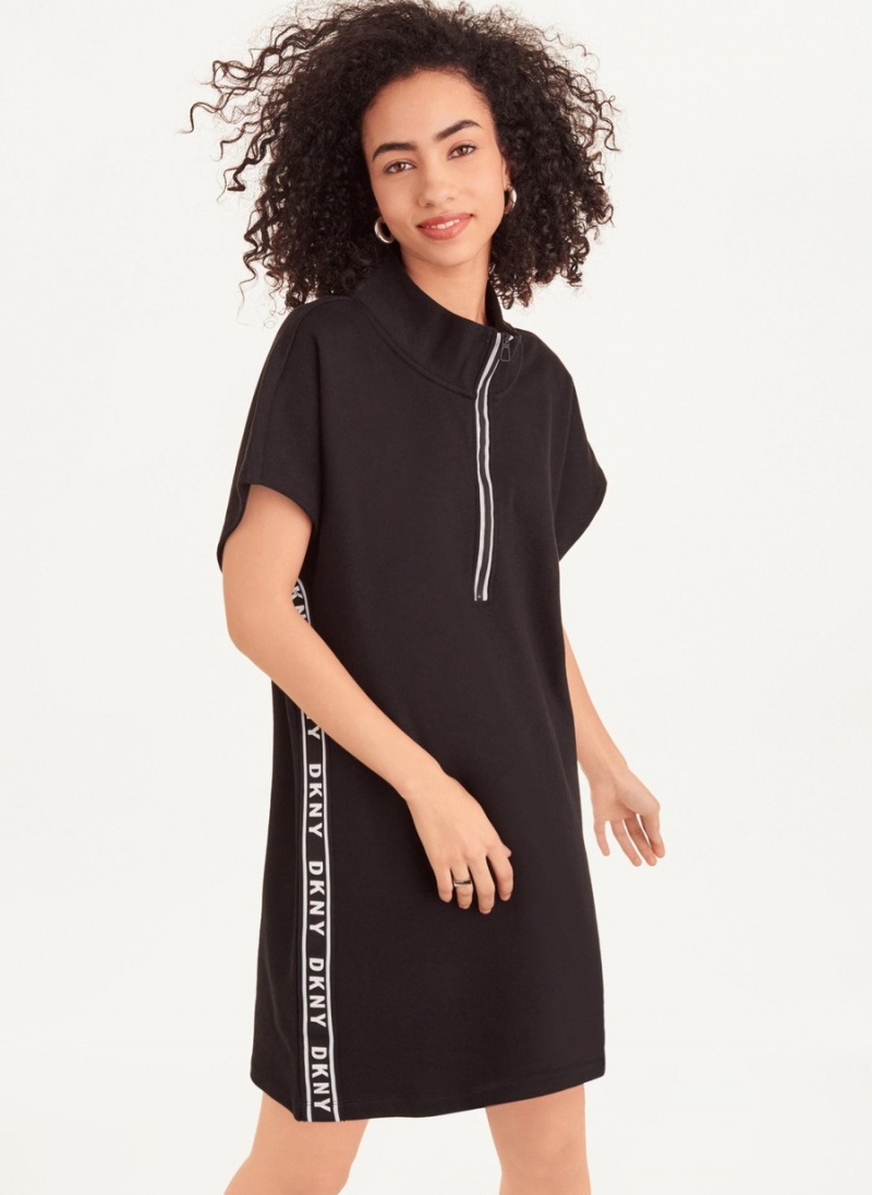 Women's Dkny Sleeveless Cotton French Terry with Logo Tape Dress Black | V5535291