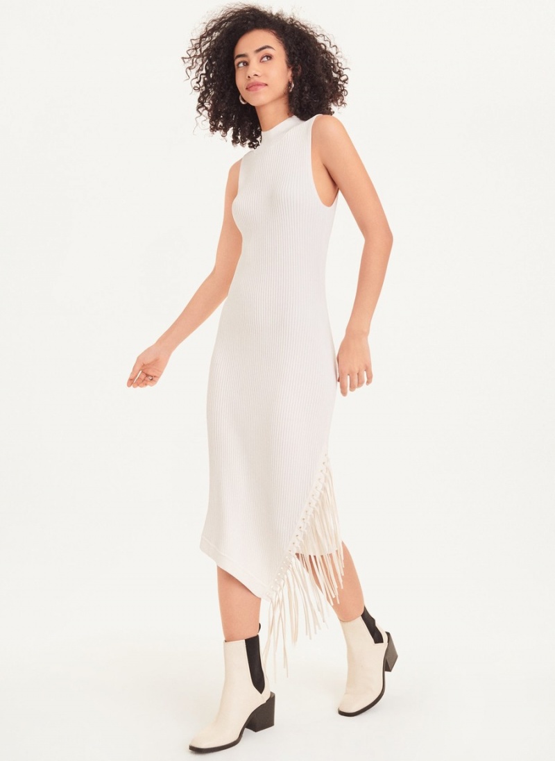 Women's Dkny Sleeveless Rib Asymmetrical Fringe Dress White | C3972522