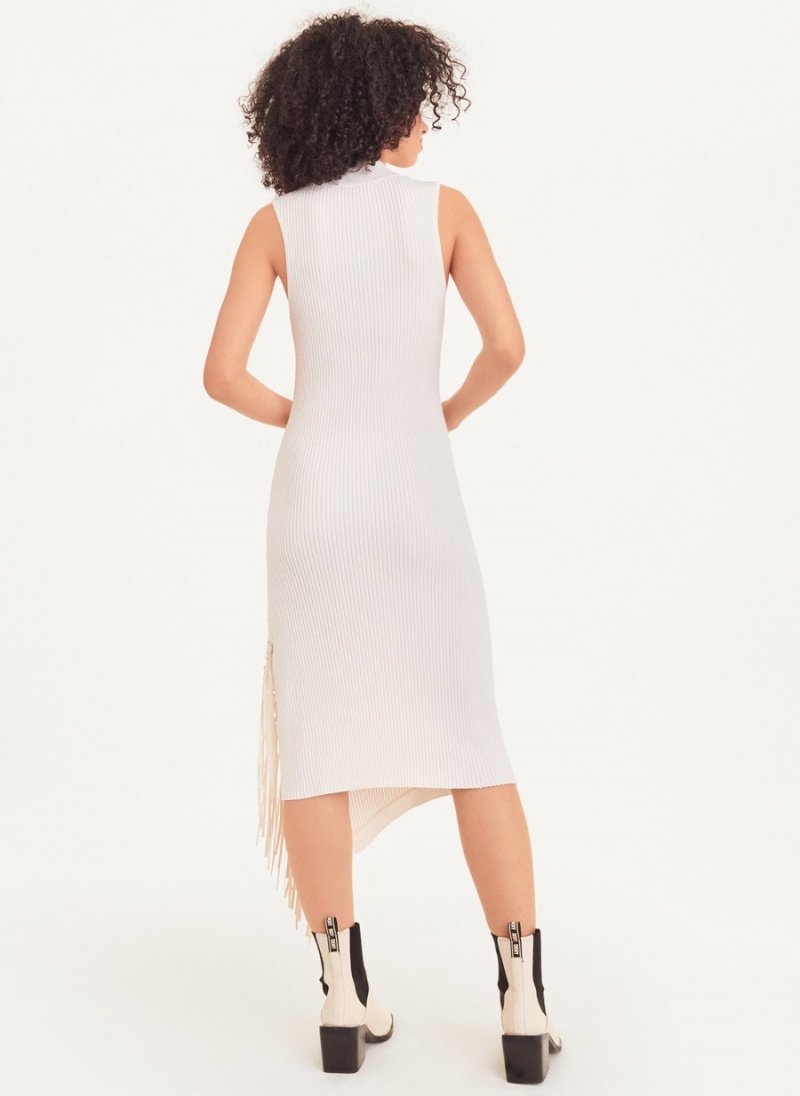 Women's Dkny Sleeveless Rib Asymmetrical Fringe Dress White | C3972522
