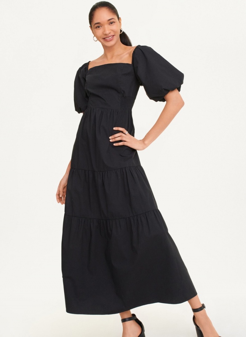 Women's Dkny Square Neck Tiered Poplin Dress Black | M4440266