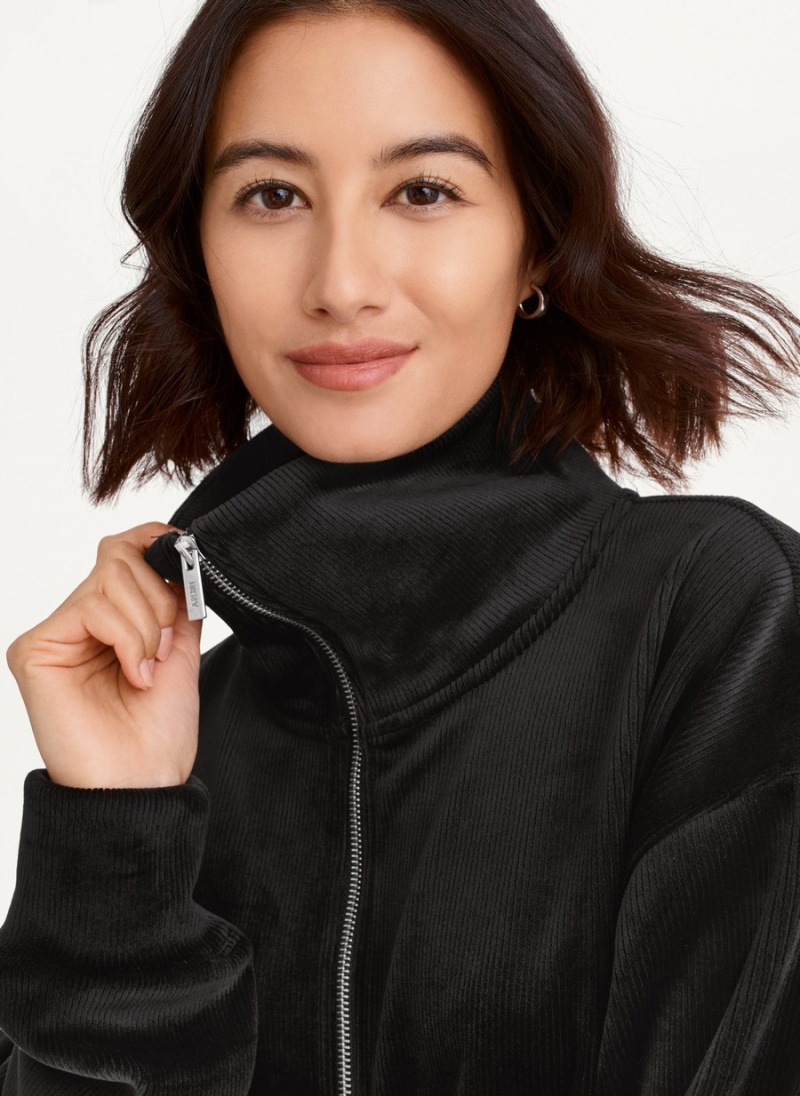Women's Dkny Tech Velour Rib Half Zip W/ Kanga Pocket Pullover Black | T3227128