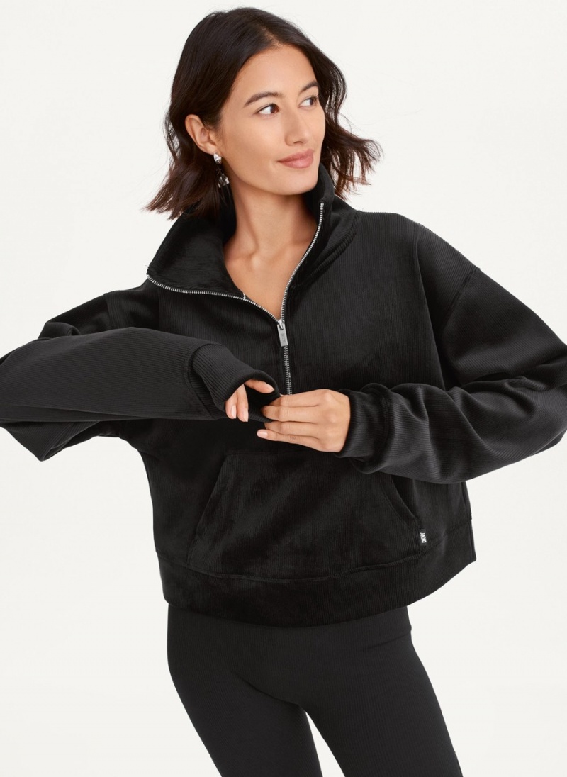 Women's Dkny Tech Velour Rib Half Zip W/ Kanga Pocket Pullover Black | T3227128