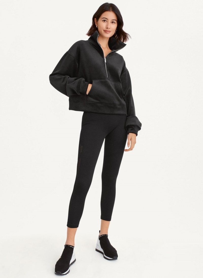 Women\'s Dkny Tech Velour Rib Half Zip W/ Kanga Pocket Pullover Black | T3227128