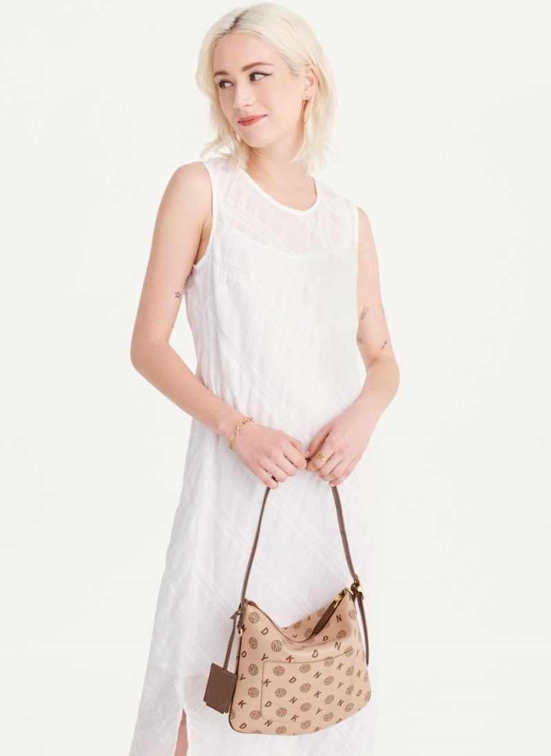 Women's Dkny The Medium Logo Optimist Shoulder Bags Beige | X0654411