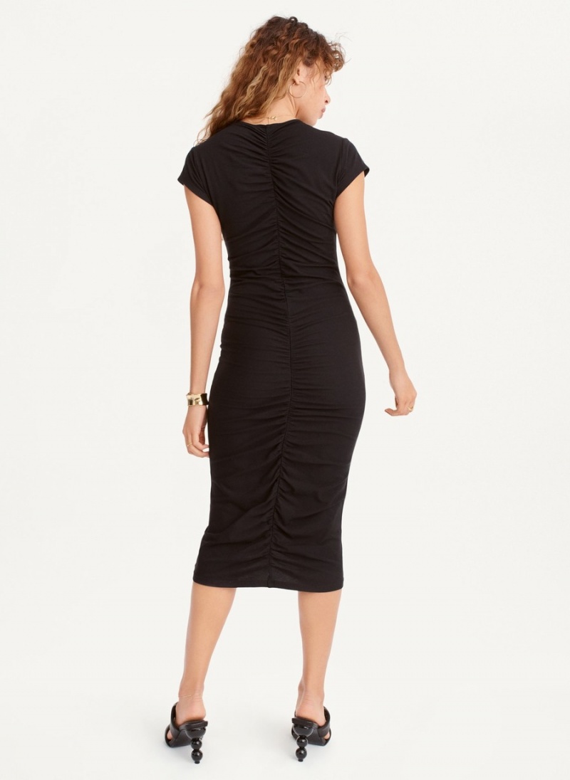 Women's Dkny V-Neck Ruched Midi Dress Black | C5095708