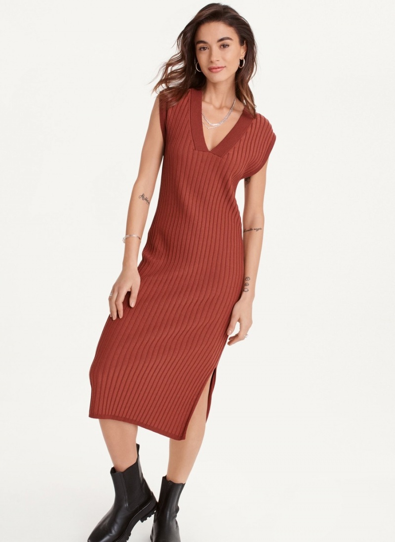 Women's Dkny V-Neck Wide Rib Sweater Dress Red | X8610948