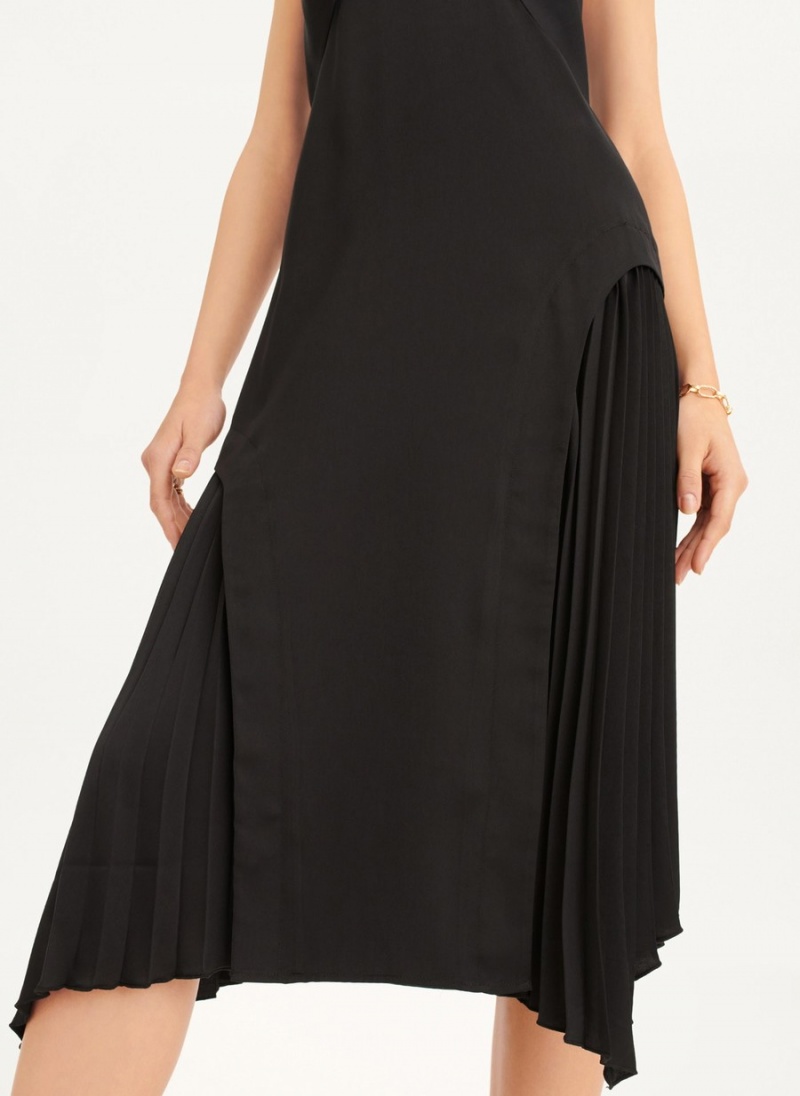 Women's Dkny V-neck Asymmetrical Pleated Dress Black | X1684193