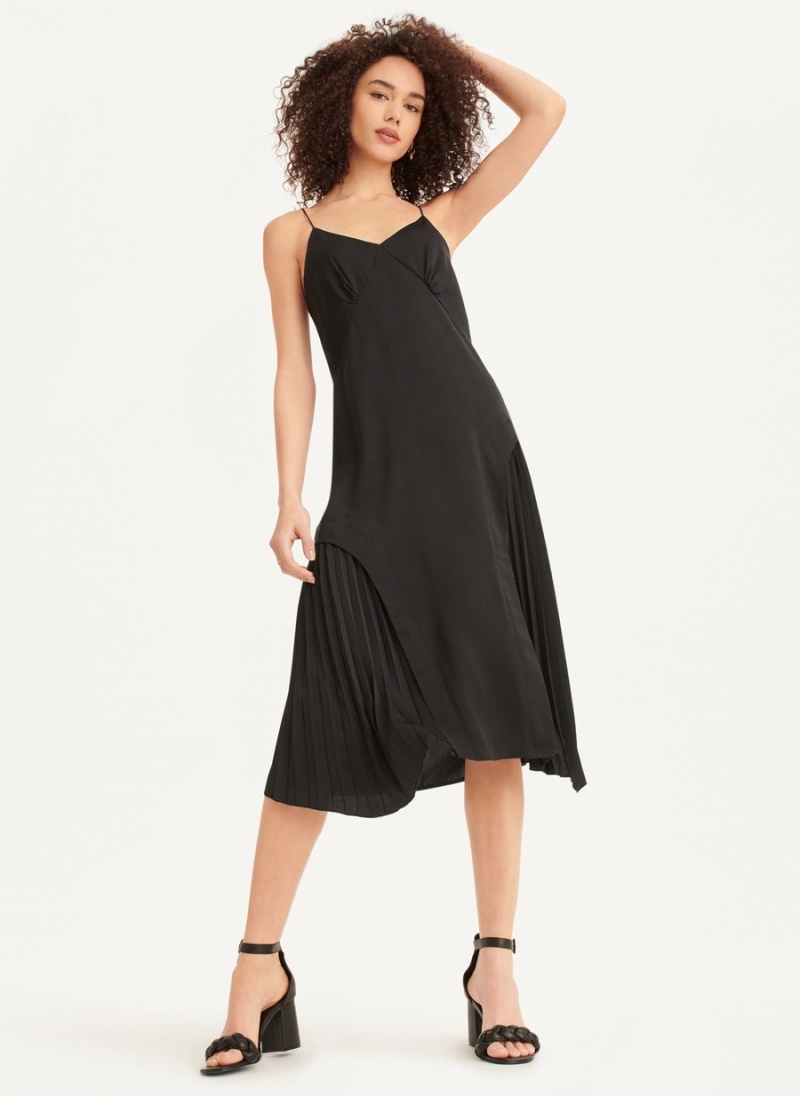 Women\'s Dkny V-neck Asymmetrical Pleated Dress Black | X1684193
