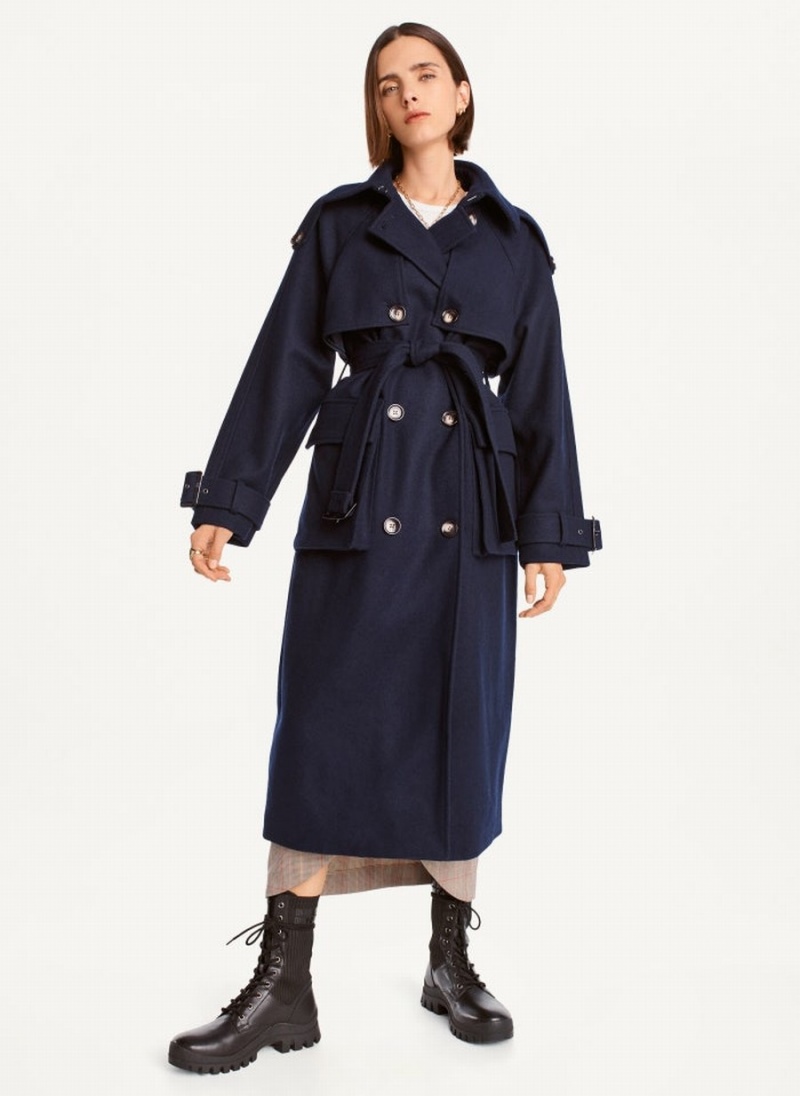 Women\'s Dkny Wool With Belt Trench Coat Navy | U6633423
