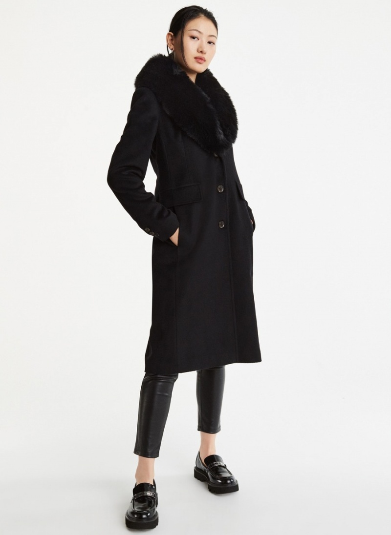 Women's Dkny Wool With Faux Fur Collar Trench Coat Black | A9354513