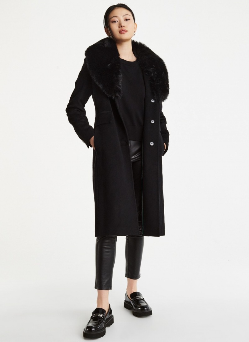 Women's Dkny Wool With Faux Fur Collar Trench Coat Black | A9354513
