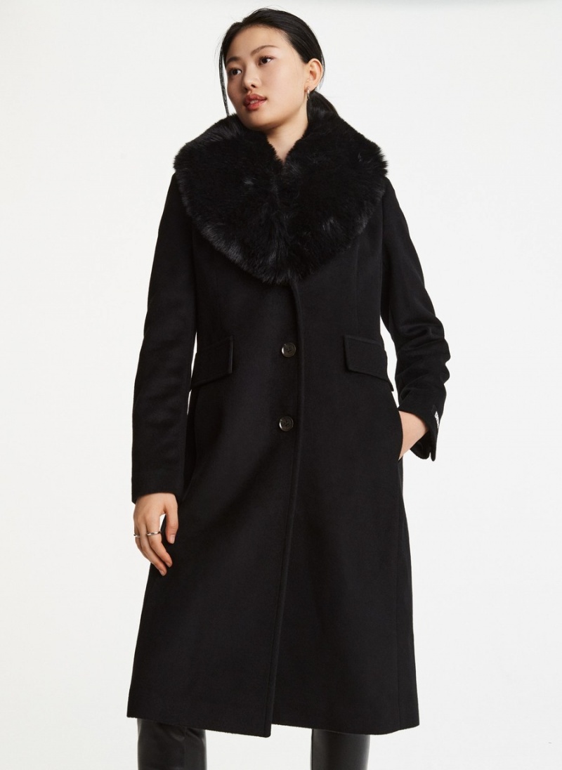 Women\'s Dkny Wool With Faux Fur Collar Trench Coat Black | A9354513