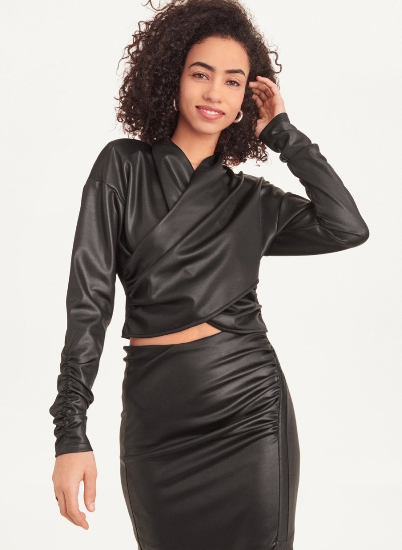 Women\'s Dkny Wrap Glazed Jersey Top Long Sleeve Black | N5727501