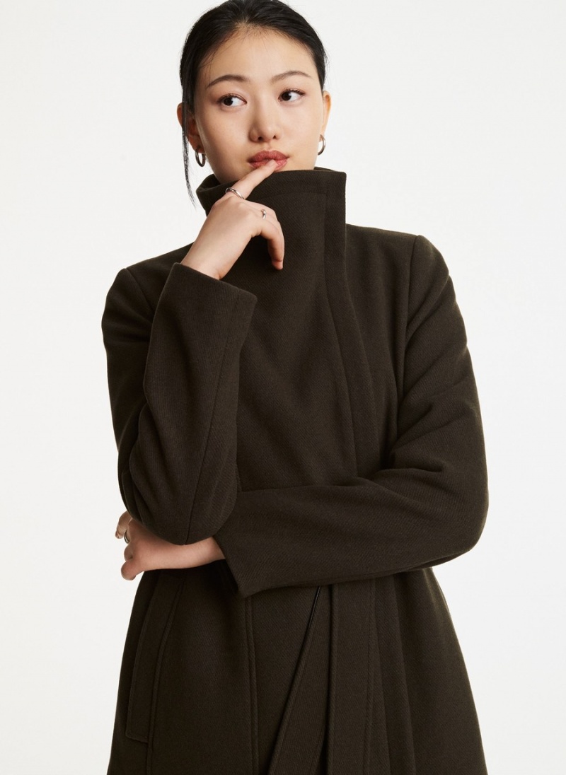 Women's Dkny Wrap Wool With Leather Trim Coats Black | X9152356