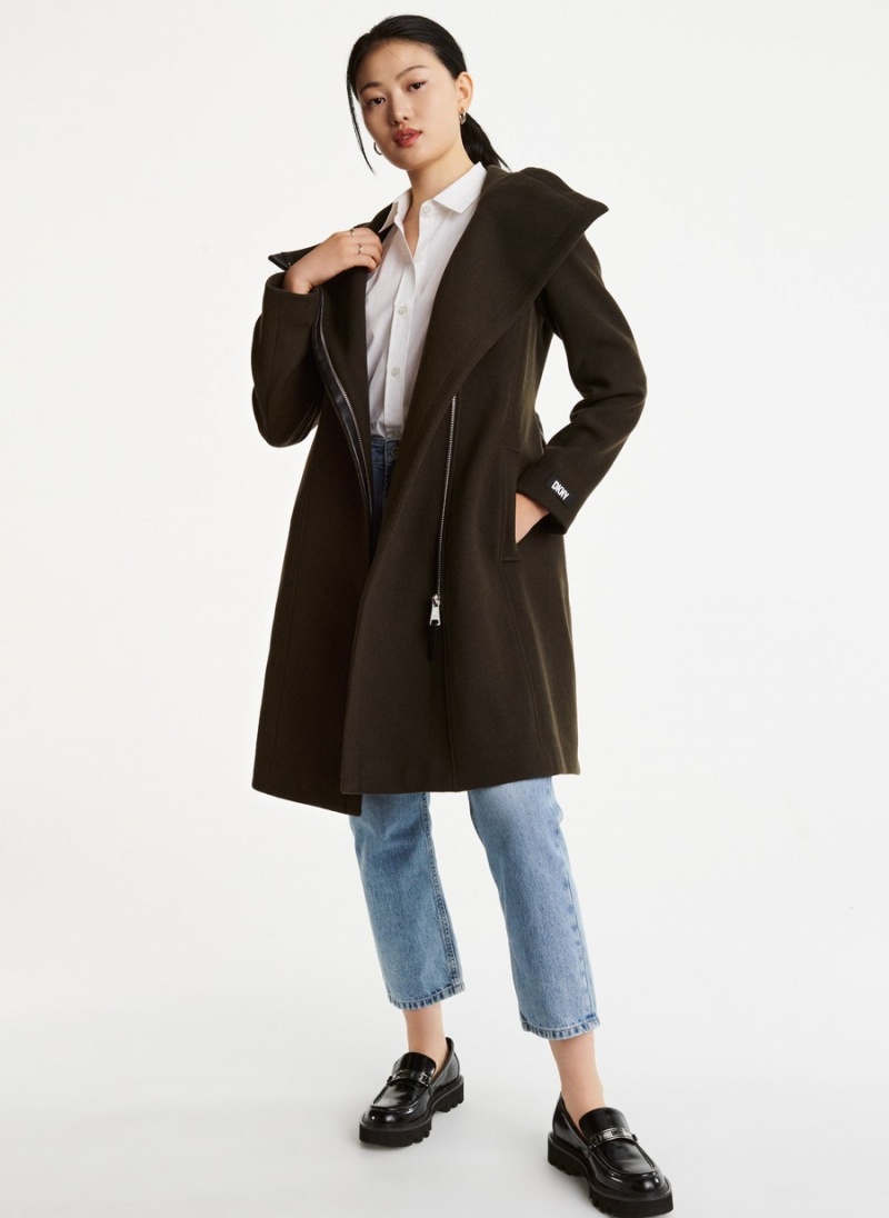 Women's Dkny Wrap Wool With Leather Trim Coats Black | X9152356