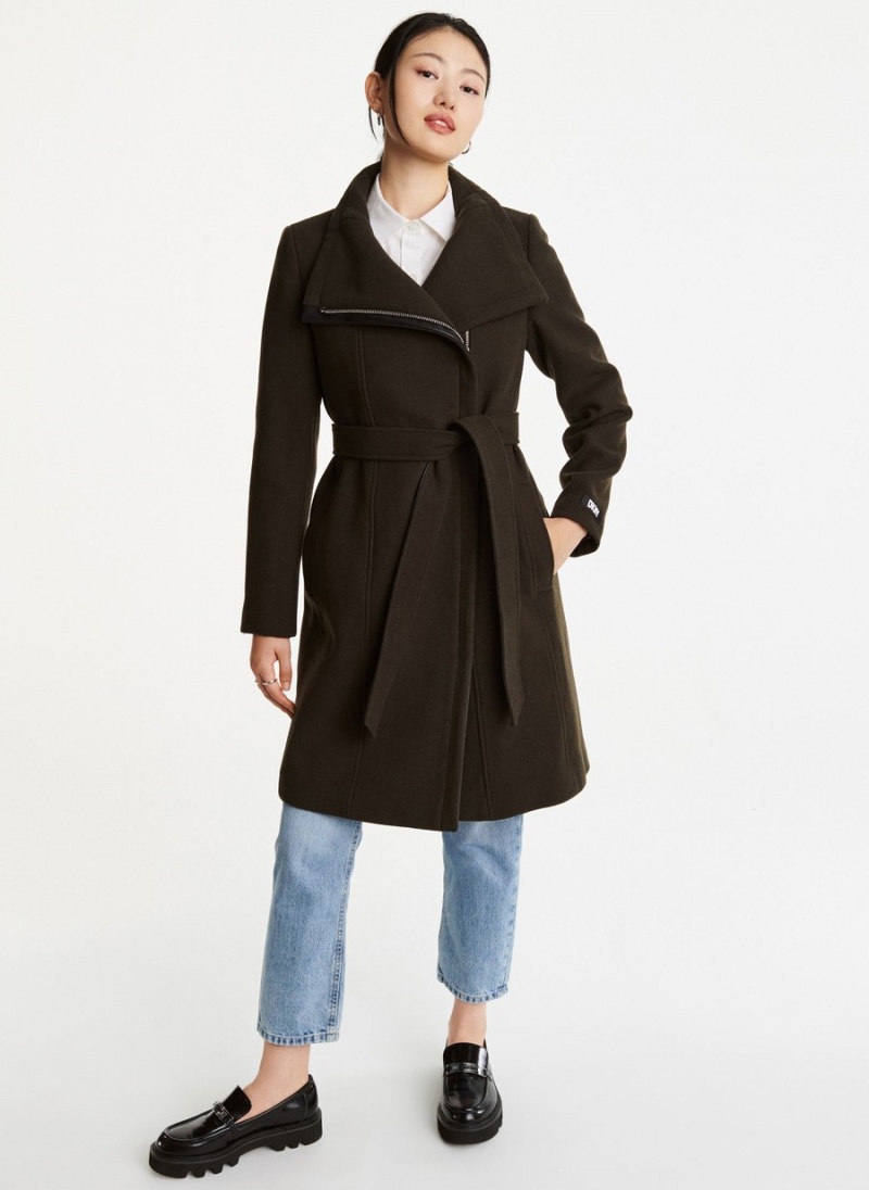 Women\'s Dkny Wrap Wool With Leather Trim Coats Black | X9152356